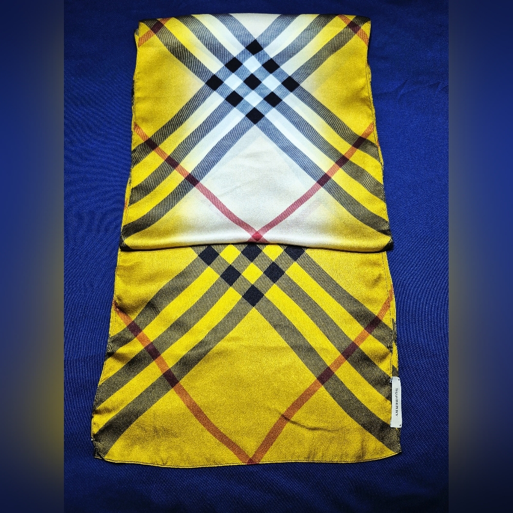 Burberry Yellow Plaid Silk Scarf with Black and Red Accents - Picture 2 of 11